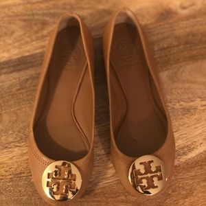 Tory Burch Logo Royal Tan Leather Flats Size 7